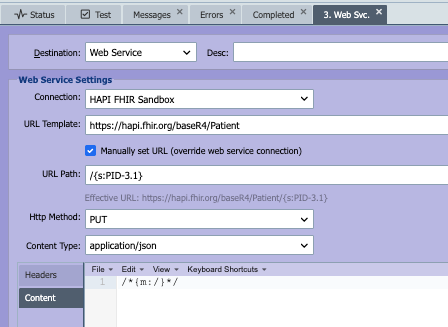 Web Service destination node configured against HAPI FHIR Sandbox