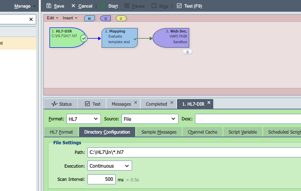 File source node configured to scan C:\HL7\In*.hl7