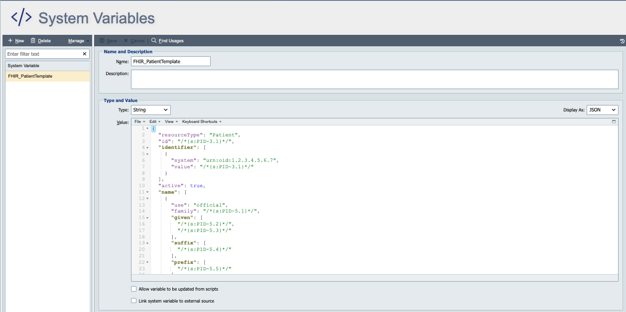 FHIR_PatientTemplate system variable in the System Variables editor