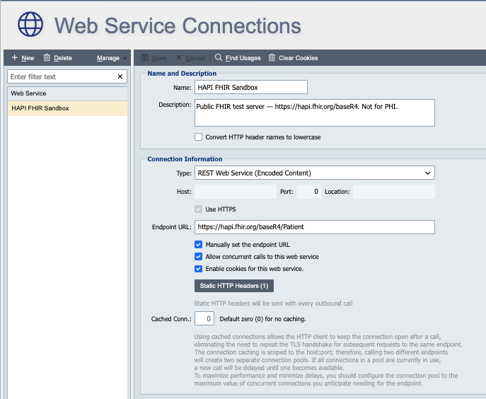 HAPI FHIR Sandbox web service connection settings