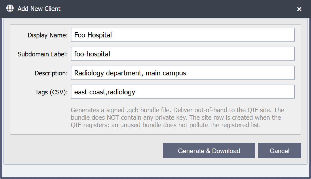 Add New Client dialog filled in for Foo Hospital.