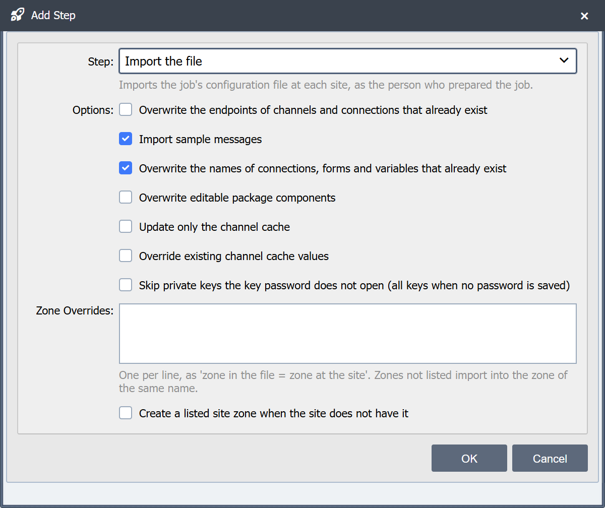 The Add Step dialog for an Import the file step, showing its seven options, Zone Overrides, and the option to create a listed site zone.