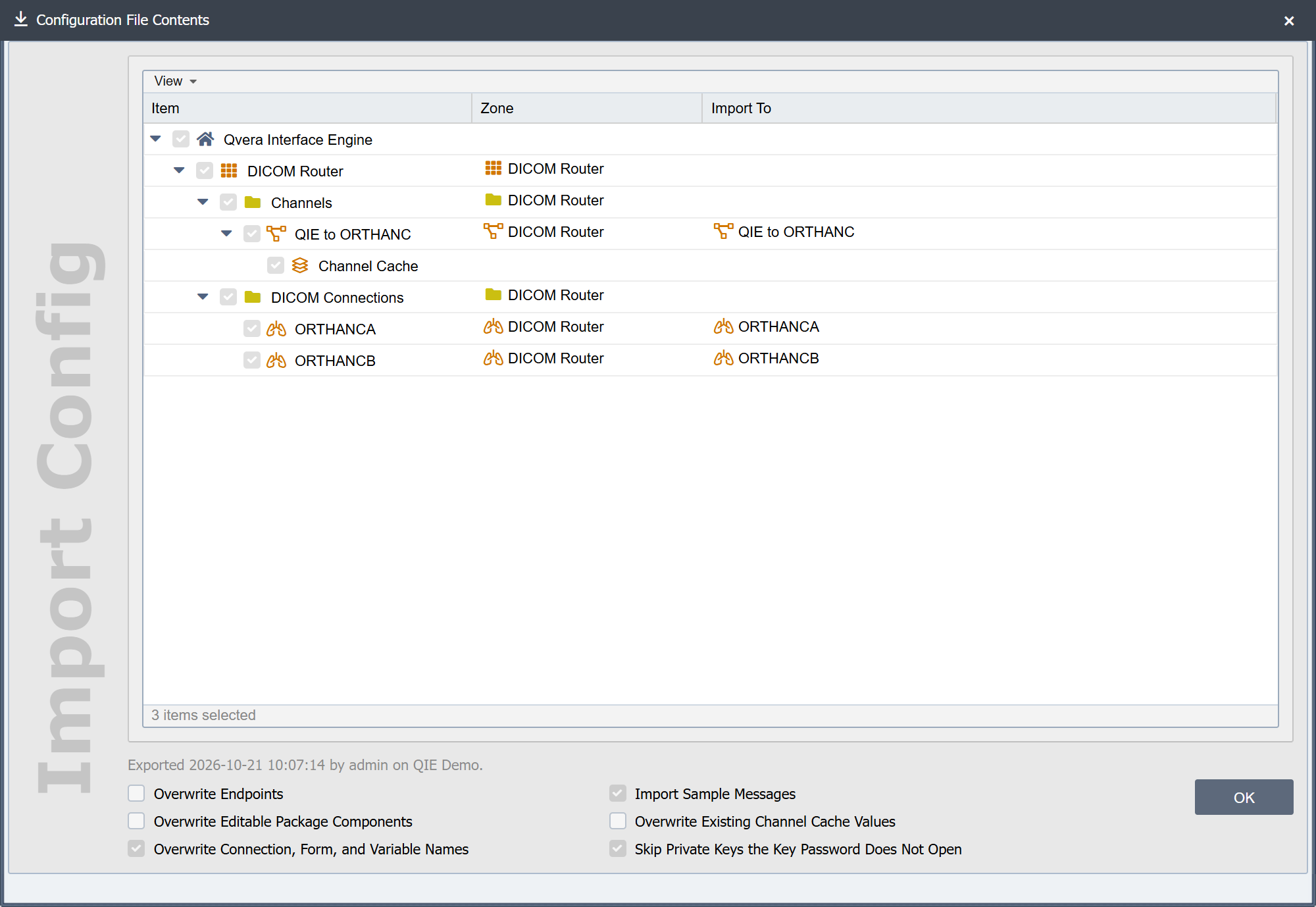 The Configuration File Contents dialog for a job's file: the DICOM Router zone with its channel, the channel's cache and two DICOM connections, all ticked, each going into the DICOM Router zone under its own name, the file's export line under the tree, and the job's import options shown read only.