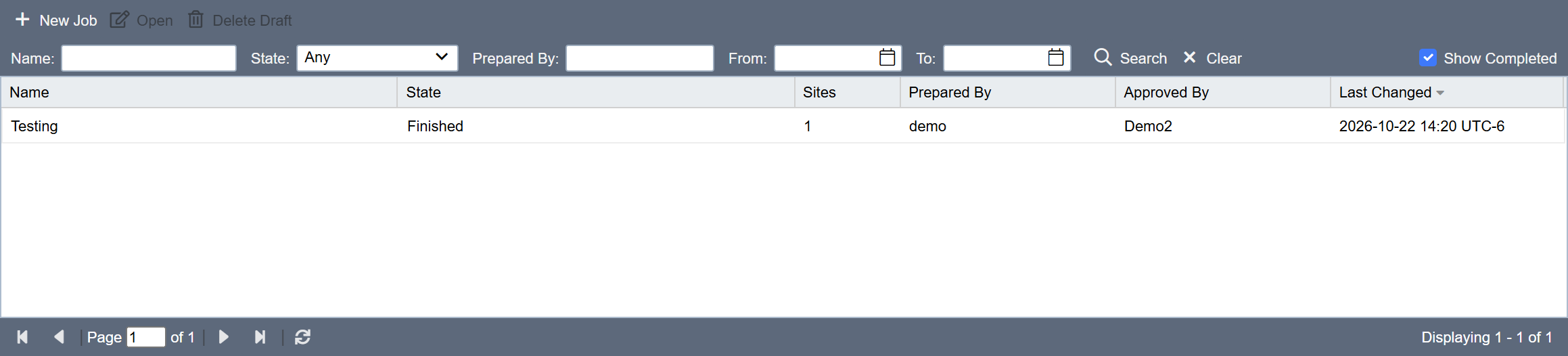 The Jobs page with its filter row, Show Completed ticked at its right end, and the paging bar, listing one finished job with its state, site count, who prepared and approved it, and when it last changed.