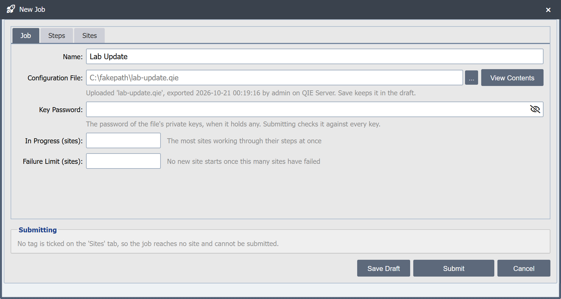 The Job tab of the New Job dialog with Name, Configuration File and its View Contents button, Key Password, In Progress (sites) and Failure Limit (sites).