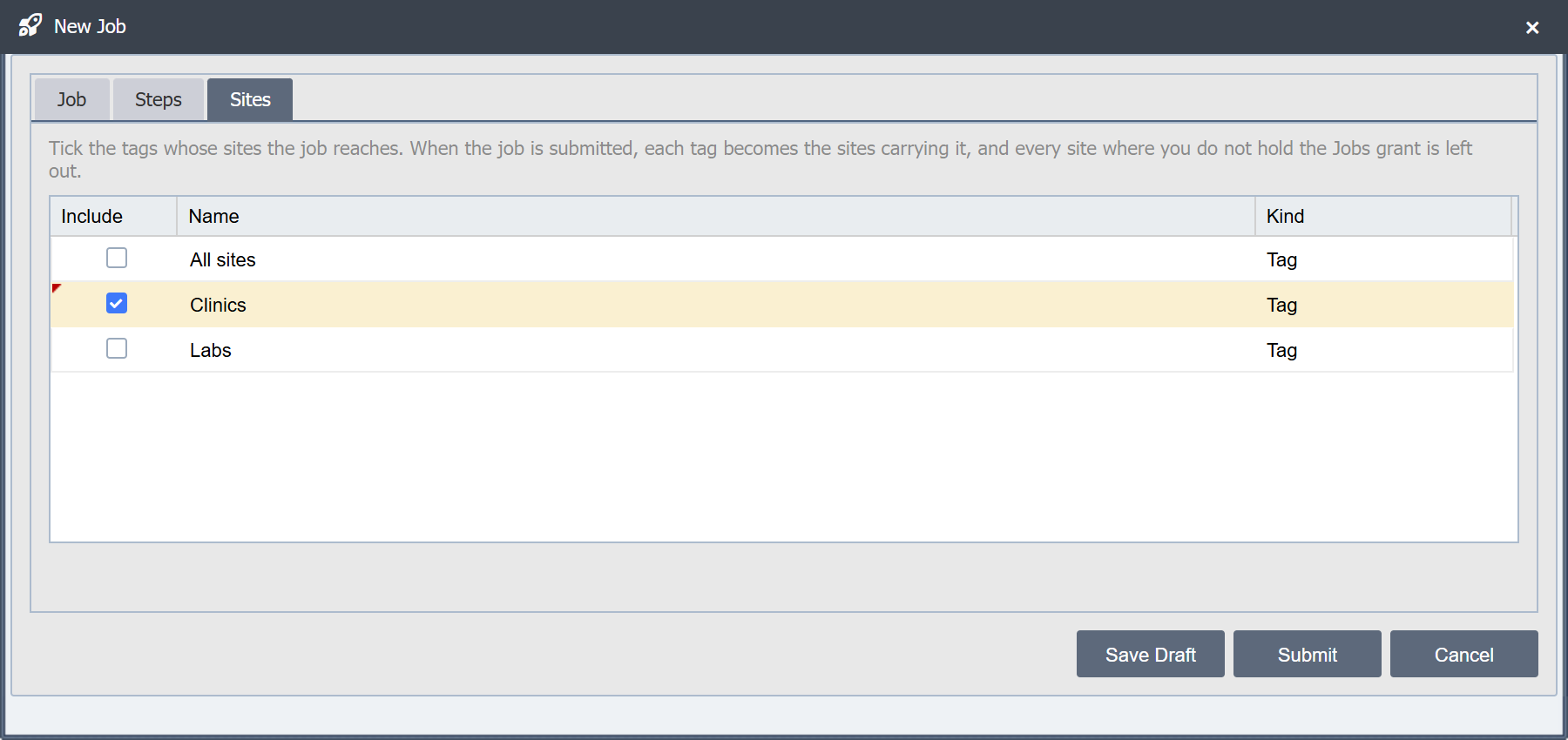 The Sites tab of the New Job dialog listing the All sites, Clinics and Labs tags, with Clinics ticked.