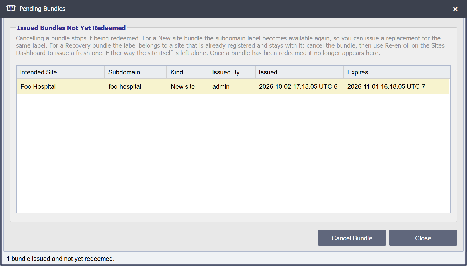 Pending Bundles dialog listing one unredeemed new-site bundle for Foo Hospital.