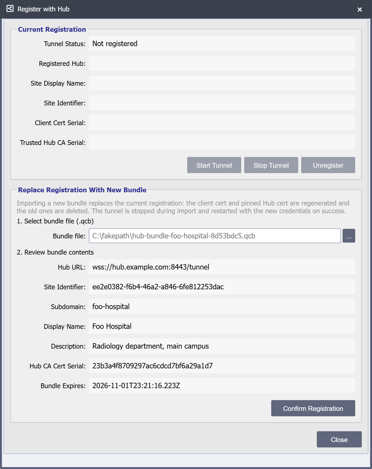 Register with Hub dialog on a QIE that is not yet registered: Current Registration shows Not registered, and Replace Registration With New Bundle shows the parsed contents of the Foo Hospital bundle, ready for Confirm Registration.