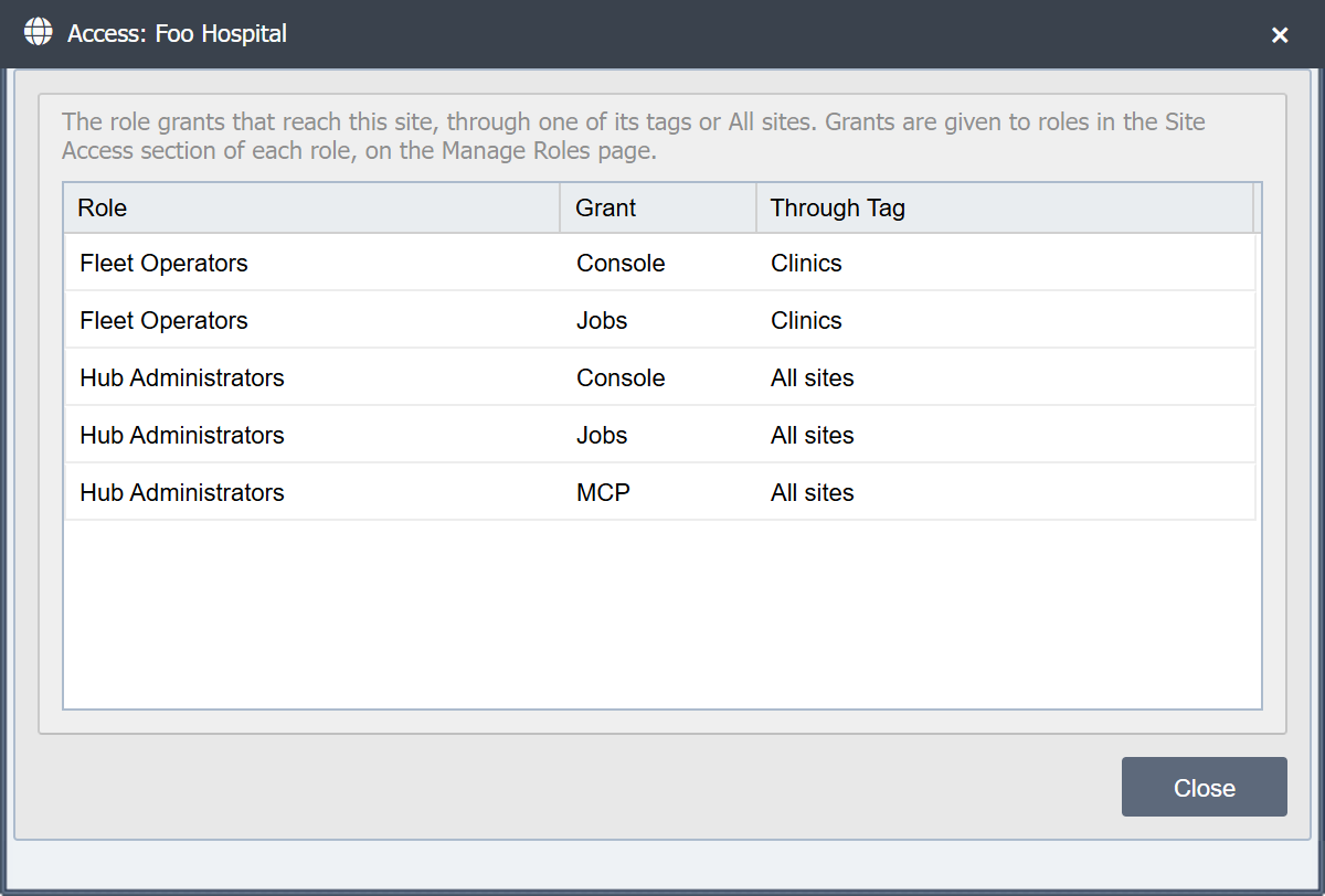 The Access dialog for Foo Hospital listing Fleet Operators with Console and Jobs through Clinics, and Hub Administrators with Console, Jobs and MCP through All sites.