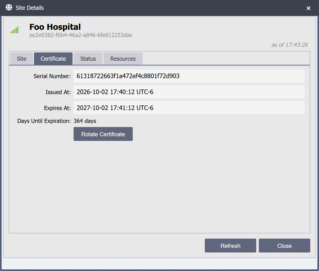 Site Details dialog, Certificate tab: serial number, issue and expiry times, days until expiration, and the Rotate Certificate button.