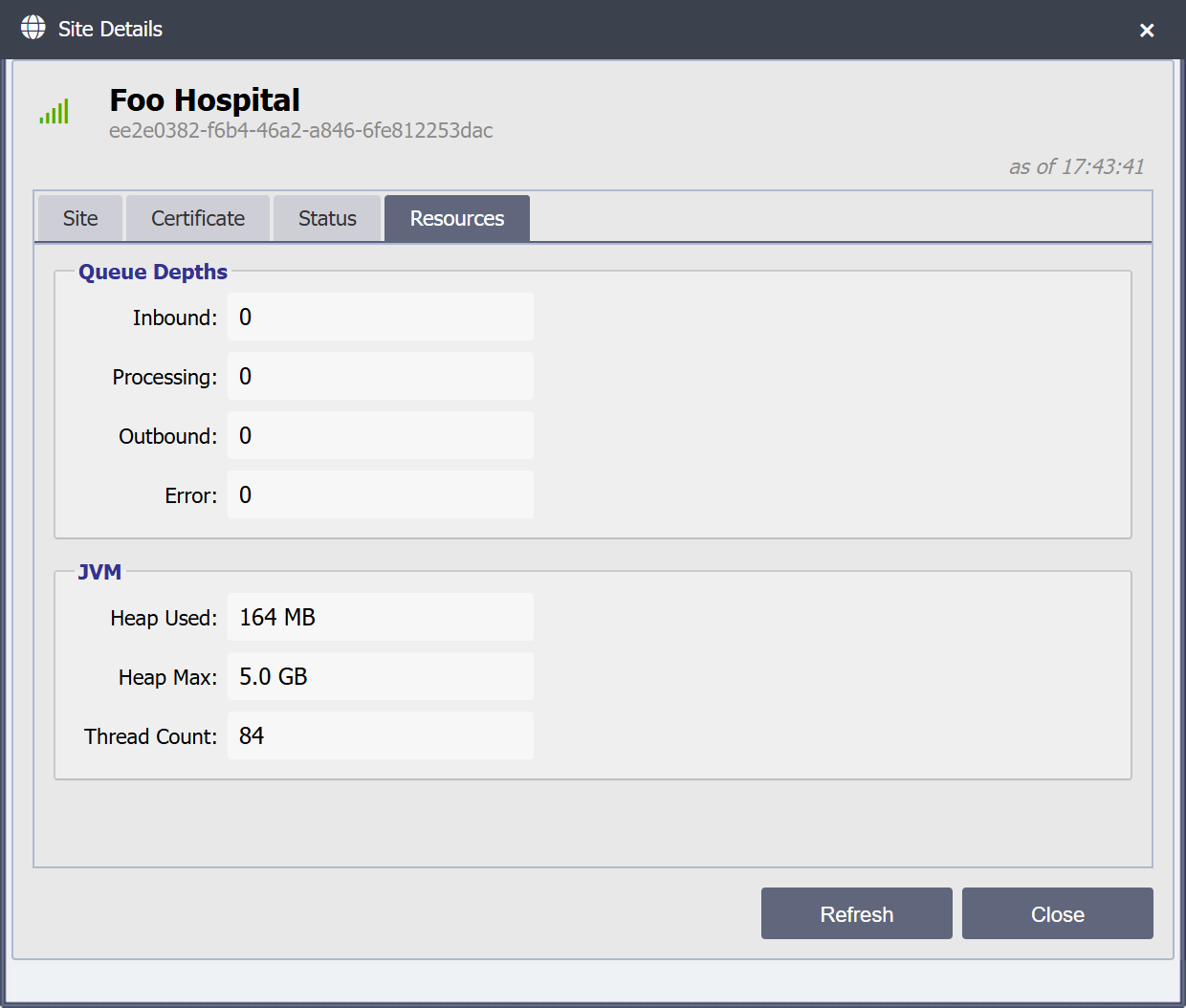 Site Details dialog, Resources tab: inbound, processing, outbound and error queue depths, and JVM heap used, heap max and thread count.