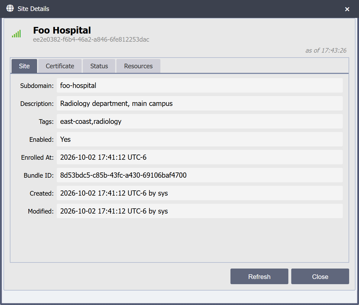 Site Details dialog, Site tab: subdomain, description, tags, enabled flag, enrollment time, bundle ID, and the created and modified stamps.