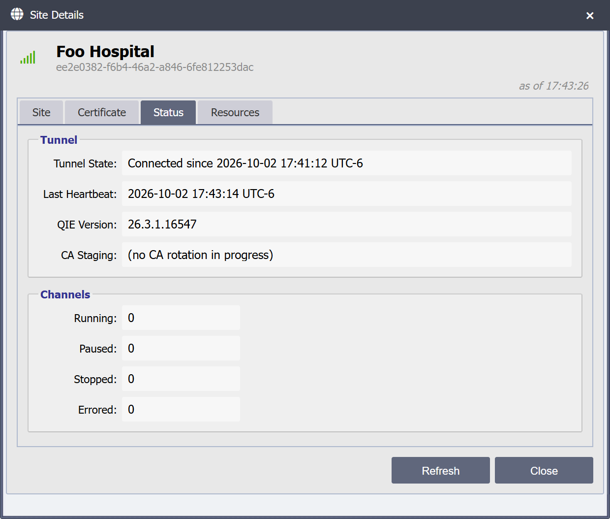 Site Details dialog, Status tab: tunnel state, last heartbeat, QIE version, CA staging state, and the channel counts.