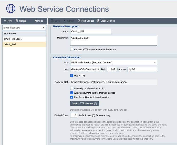 Web Service Connection page showing the Name, Description, and Connection Information for a JWT-based connection.