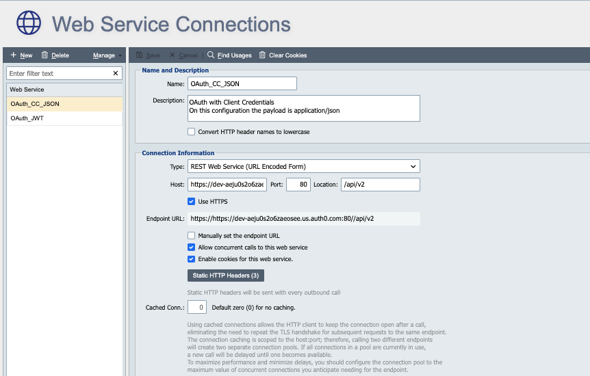 Web Service Connection page showing the Name, Description, and Connection Information for a Client Credentials connection.