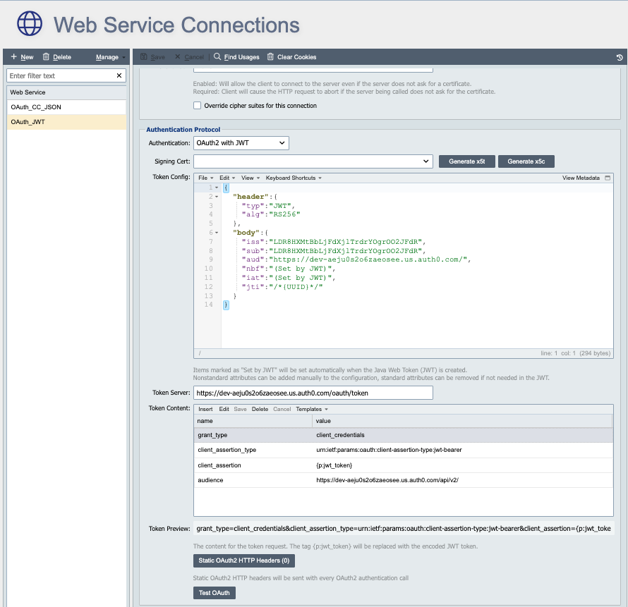 Web Service Connection Authentication Protocol section configured for OAuth2 with JWT, showing the Signing Cert, Token Config editor, Token Server, and Token Content fields.