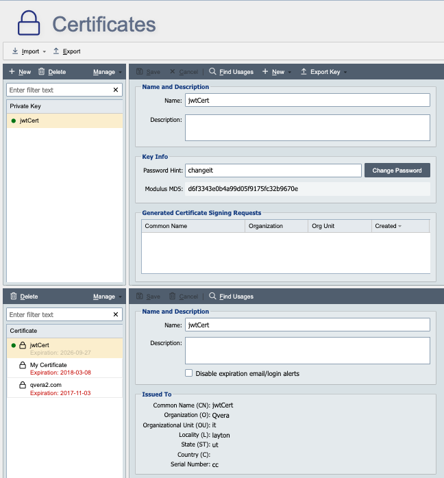 Certificate Management page showing a private key and matching self-signed certificate ready for use