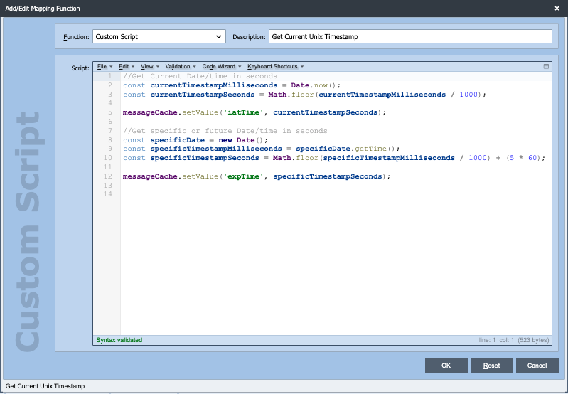 Custom Script mapping function that stores iatTime and expTime in the message cache.