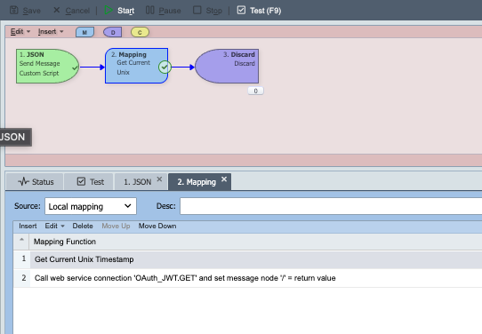 Mapping node listing the timestamp custom script followed by the Web Service mapping function.