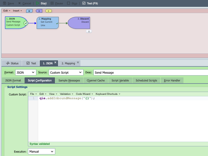 Test channel for an OAuth Web Service Connection: a JSON Custom Script source feeds a Mapping node that calls the connection, with a Discard destination.