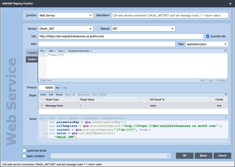 Web Service mapping function calling the OAuth_JWT connection with the GET method.