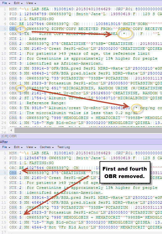 If you have multipe OBR groups then the OBR, OBX, and NTE will be removed of any OBR with OBX-5 = *