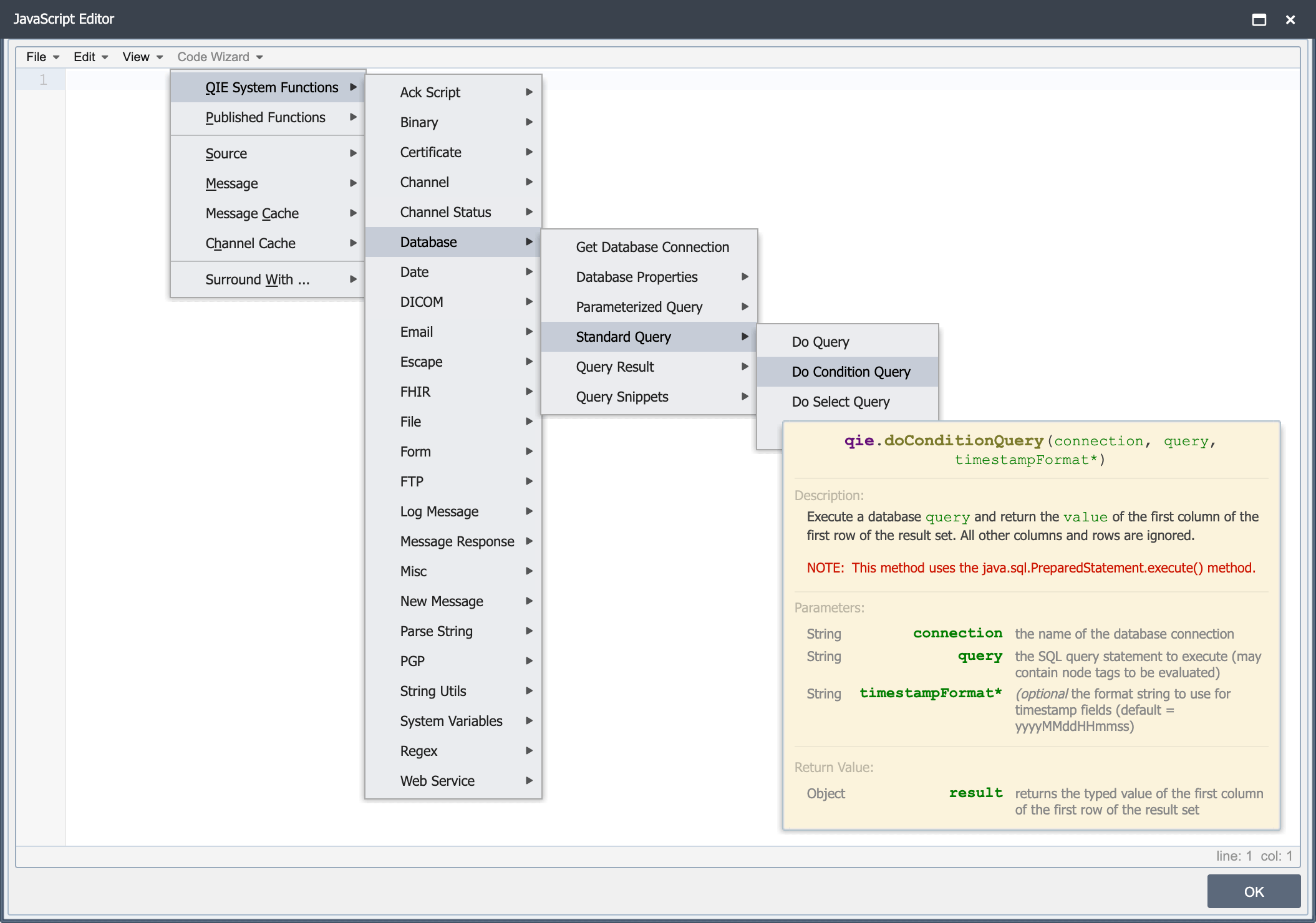 The QDR script editor Code Wizard, with DICOM among the built-in function families and per-function documentation