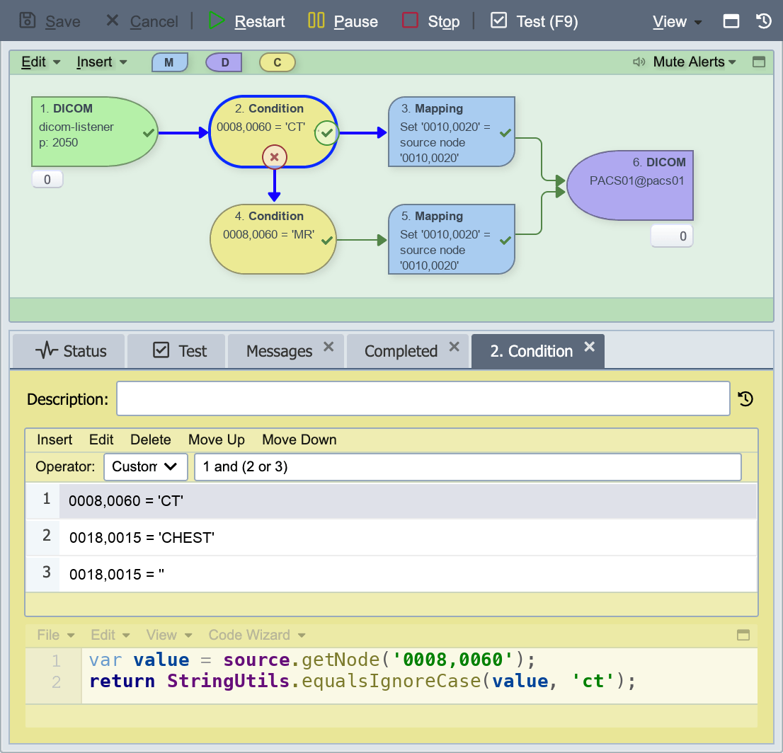A QDR channel routing DICOM studies by modality, with the condition node's rules and generated script below
