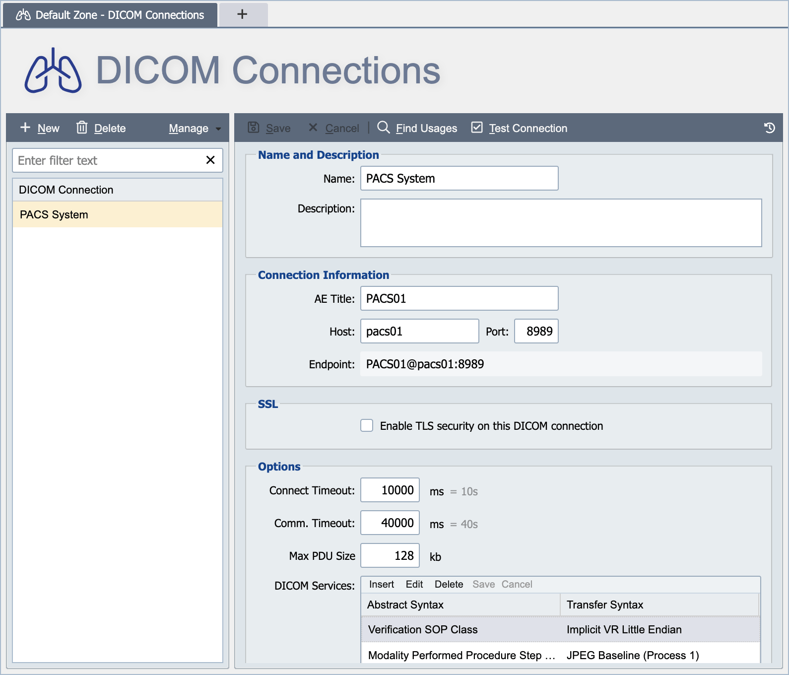 A QDR DICOM connection showing AE title, host and port, TLS, timeouts, maximum PDU size and the negotiated abstract and transfer syntaxes