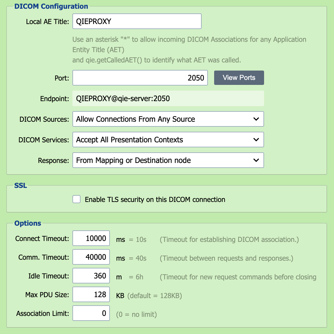 A QDR channel source configured as a DICOM listener: local AE title, port, accepted sources, presentation contexts, TLS and association limits