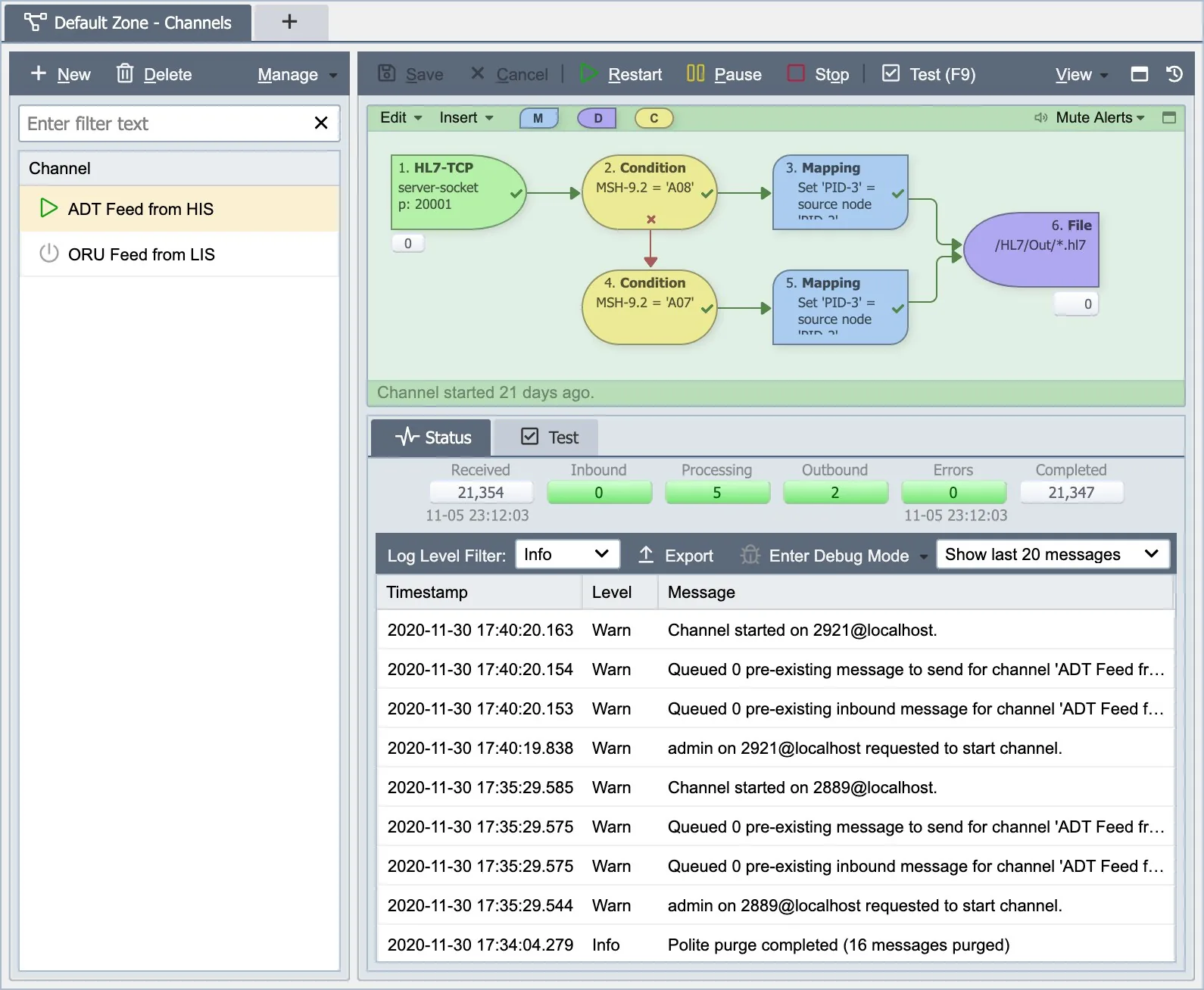The QIE channel page, with a channel selected and its source and destination nodes shown