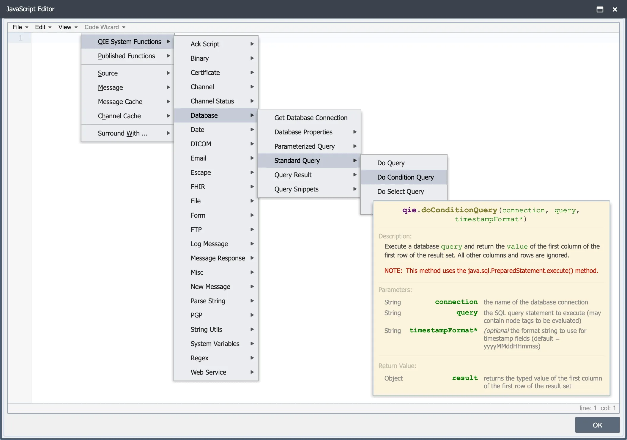 The QIE JavaScript editor with the Code Wizard panel open alongside the documentation