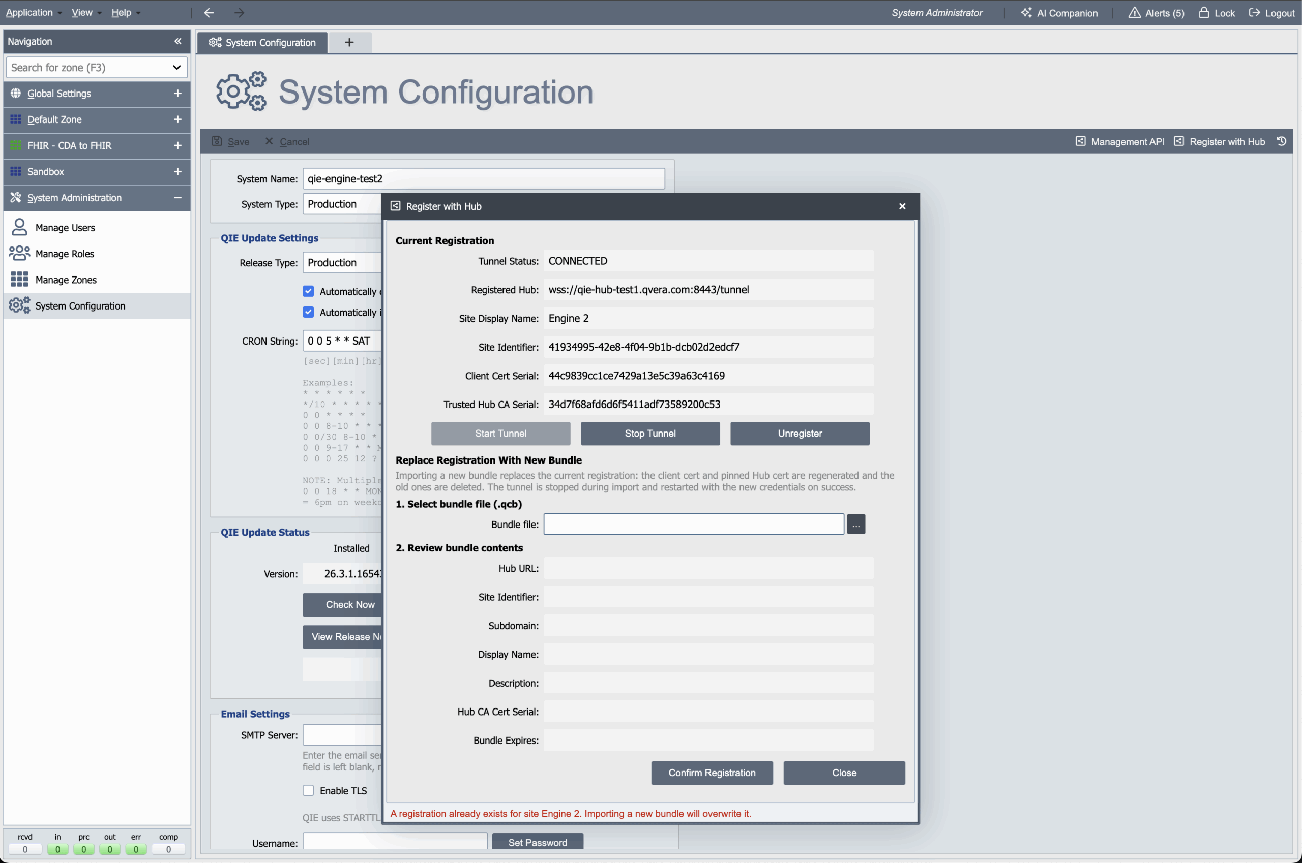 The Register with Hub dialog in QIE, showing a site's tunnel status, its registered Remote Management Hub, site identifier and client certificate serial, and the option to replace its registration with a new enrollment bundle