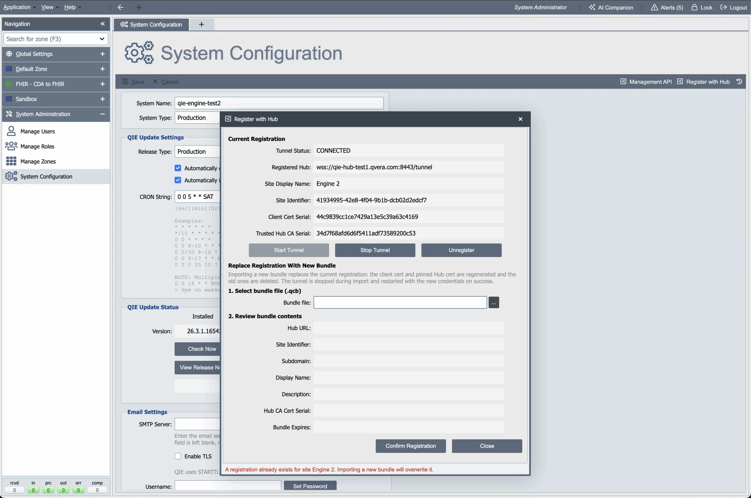 The Register with Hub dialog in QIE, showing a site's tunnel status, its registered Remote Management Hub, site identifier and client certificate serial, and the option to replace its registration with a new enrollment bundle